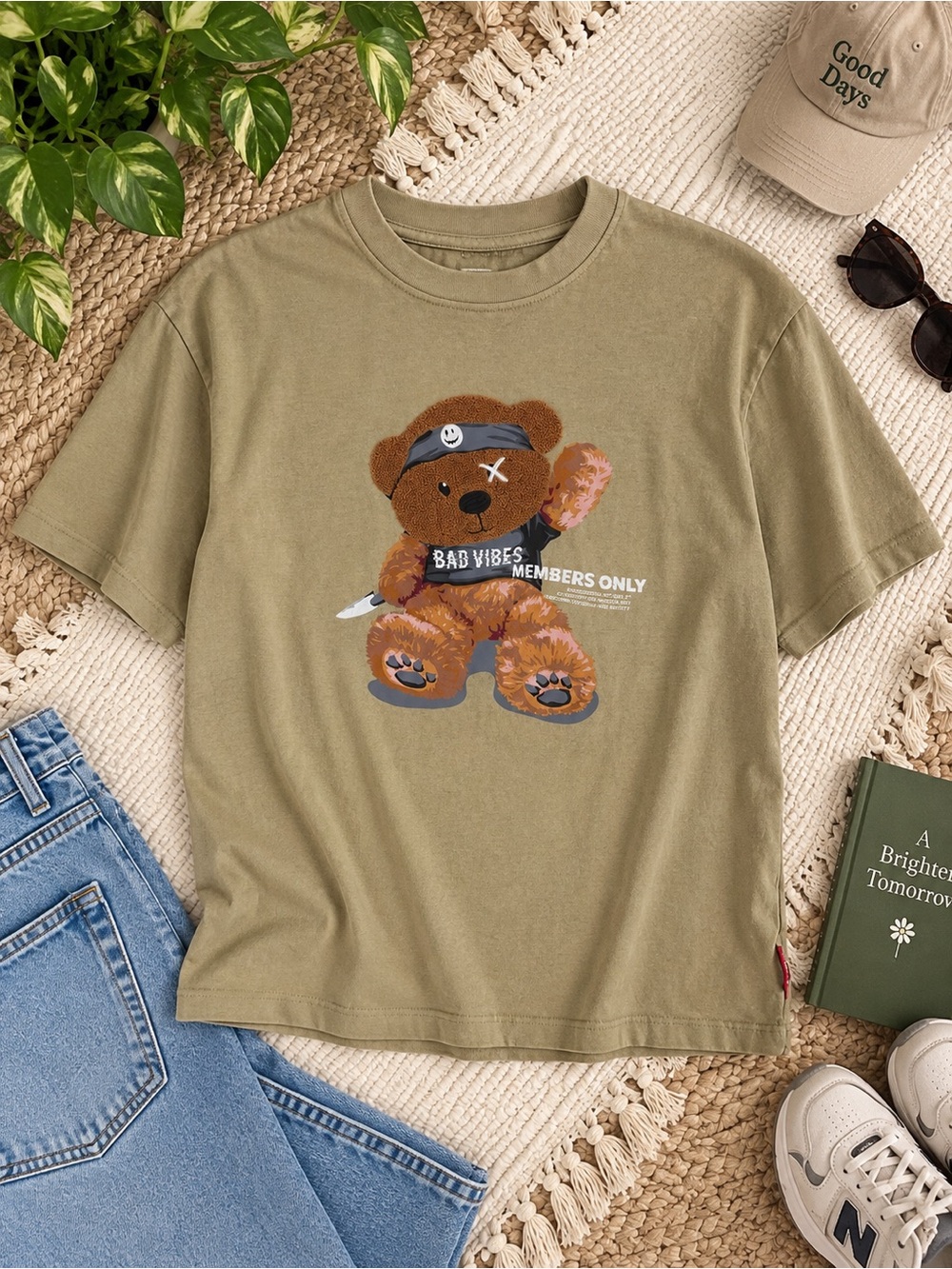 Members Only Bad Vibes Teddy Bear Graphic T-Shirt S/P Tan